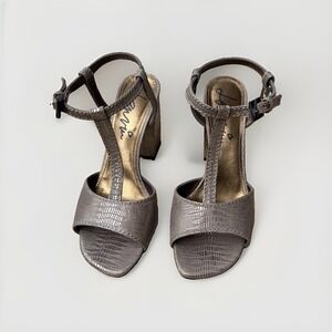Lanvin Metallic Gold Embossed Leather T-Strap Open Toe Block Heel Sandals 38